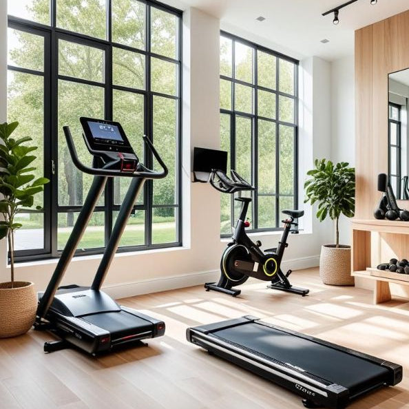 Modern home gym with treadmill, stationary bike, and elliptical machine in a well-lit room.